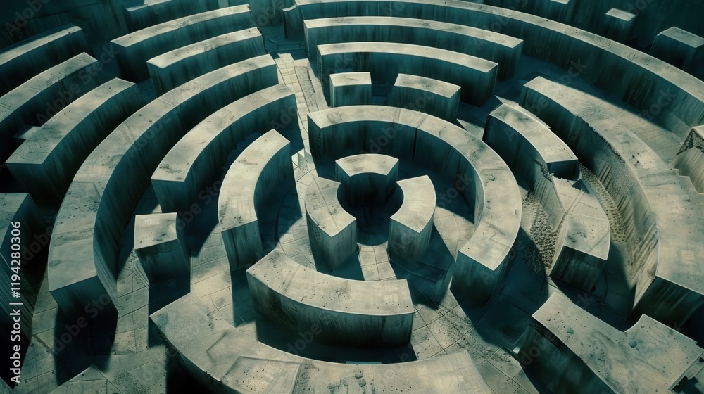 Aerial view of complex concrete maze with circular pathways and walls, creating intriguing geometric pattern. structure invites exploration and curiosity Aerial view of complex concrete maze with circular pathways and walls, creating intriguing geometric pattern. structure invites exploration and curiosity