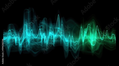 Abstract sound wave illustration in vibrant blue and green colors, representing audio frequencies and music visualization, creating dynamic and energetic feel photo