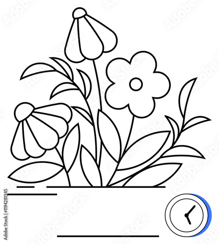 Line art flowers, leaves, and stems with a minimalist clock in the corner. Ideal for time management, nature themes, mindfulness, simplicity, productivity, modern design abstract line flat metaphor