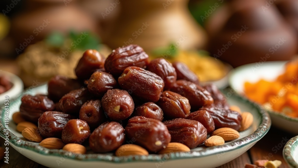 Sumptuous Traditional Arabic Food Displayed During Ramadan Featuring Dates, Almonds, and a Variety of Other Dishes Sumptuous Traditional Arabic Food Displayed During Ramadan Featuring Dates, Almonds, and a Variety of Other Dishes