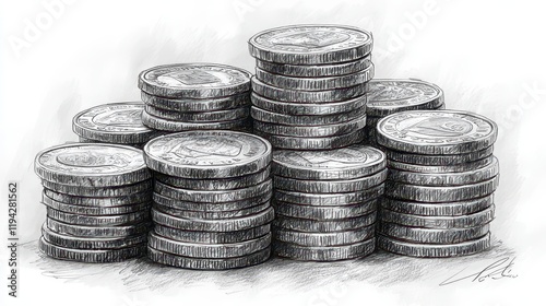 Pencil sketch of several stacks of coins. photo