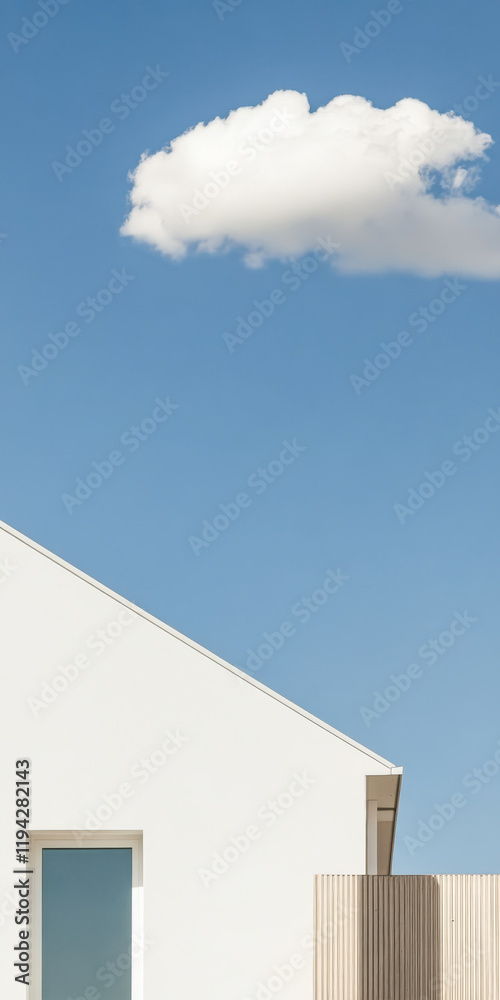Modern architecture with a white facade under a clear blue sky and fluffy clouds Modern architecture with a white facade under a clear blue sky and fluffy clouds