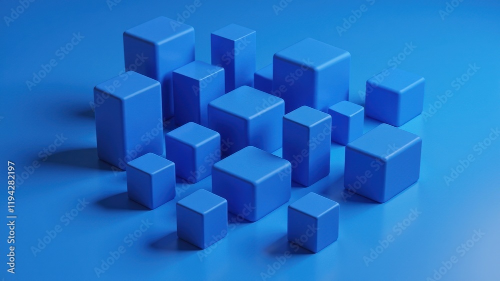 Close-up, eye-level perspective of vibrant blue 3D cubes on a matching surface. They form an intriguing arrangement, with the largest at the heart of this dynamic composition Close-up, eye-level perspective of vibrant blue 3D cubes on a matching surface. They form an intriguing arrangement, with the largest at the heart of this dynamic composition
