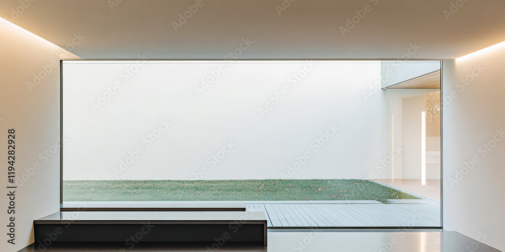 Fototapeta premium Modern interior space with large glass window giving view of grassy lawn