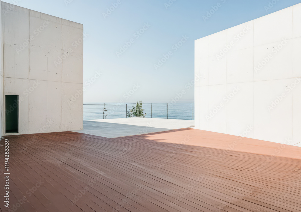 Fototapeta premium Contemporary architectural design featuring a serene ocean view at midday
