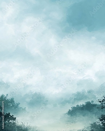 Serene Misty Forest Landscape Soft Blue Hues Tranquil Nature Scene