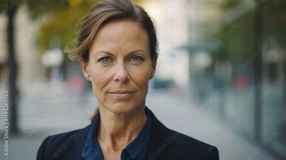 Fototapeta premium Confident woman in business suit, standing outdoors with serious expression. background features blurred urban elements, suggesting professional environment
