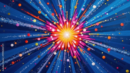 A vibrant blossom with colorful sticks radiating from a radiant yellow-orange heart, encircled by delicate pink stems