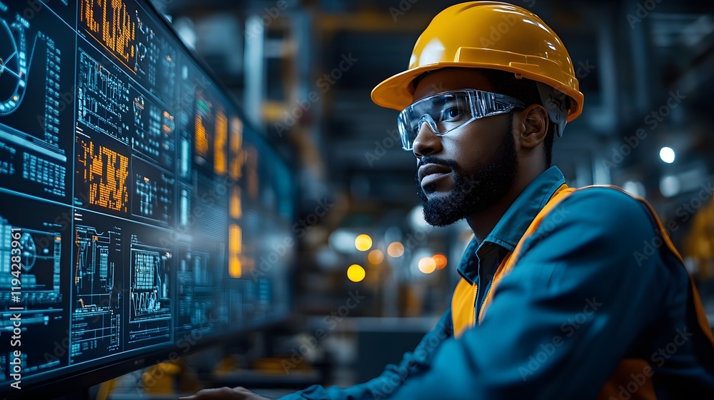 Workers in hard hats analyzing AI-generated data on large factory dashboards