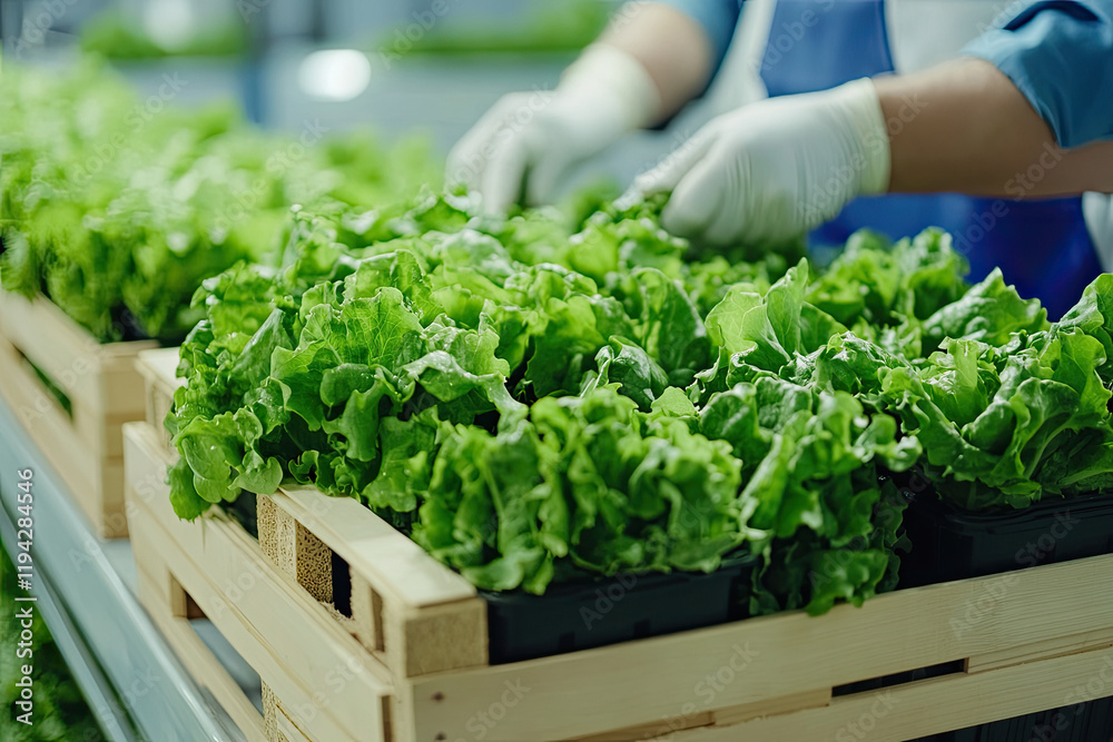 A person in gloves is handling fresh lettuce plants arranged in wooden crates, emphasizing agricultural care and produce quality. A person in gloves is handling fresh lettuce plants arranged in wooden crates, emphasizing agricultural care and produce quality.