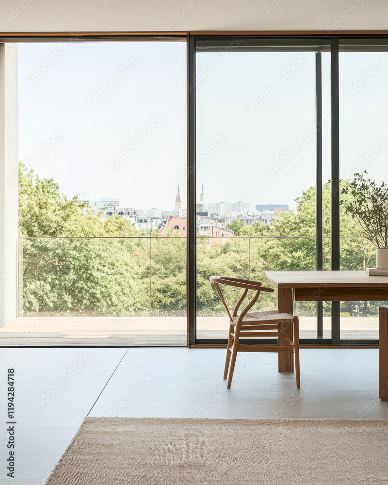 Fototapeta premium Modern interior design featuring large windows and a scenic view of the city