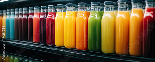 Wallpaper Mural A vibrant display of colorful juice bottles arranged neatly on a shelf, showcasing a variety of flavors and freshness in a commercial setting. Torontodigital.ca