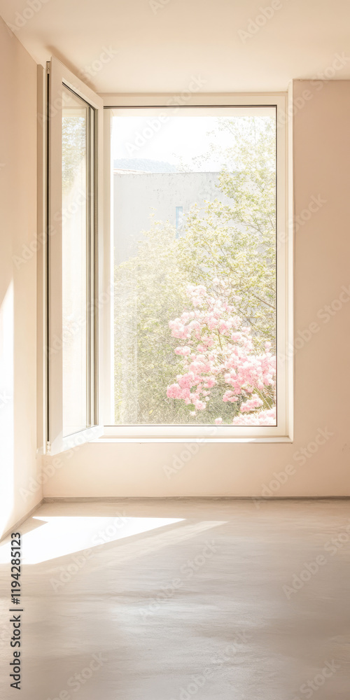 Fototapeta premium Natural light fills a bright room with open window revealing blooming flowers outside