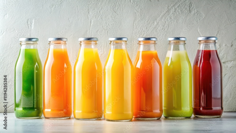 A colorful collection of healthy fruit and vegetable juices in glass bottles, arranged in a row against a textured background. A colorful collection of healthy fruit and vegetable juices in glass bottles, arranged in a row against a textured background.