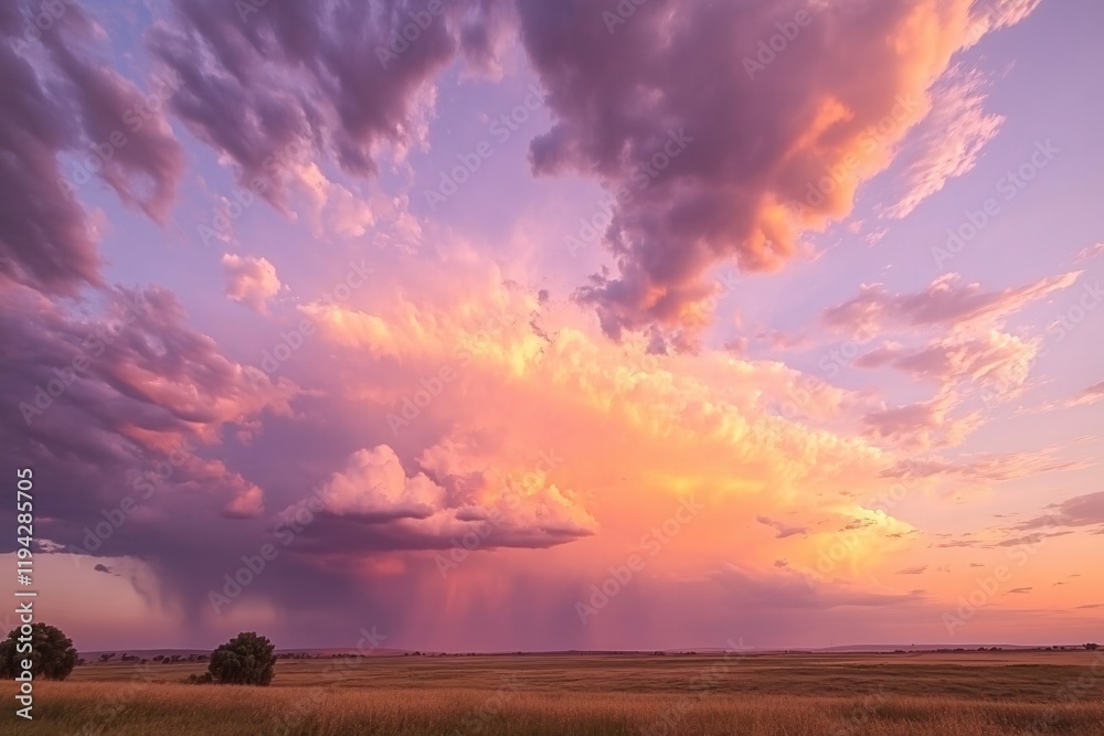 Dramatic Sunset Sky over Serene Prairie Landscape Peaceful Colors Nature Beauty