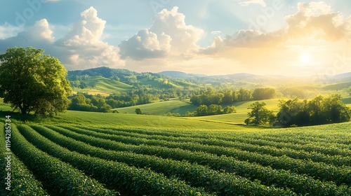 Agricultural landscape with farmers using AI apps to optimize irrigation systems