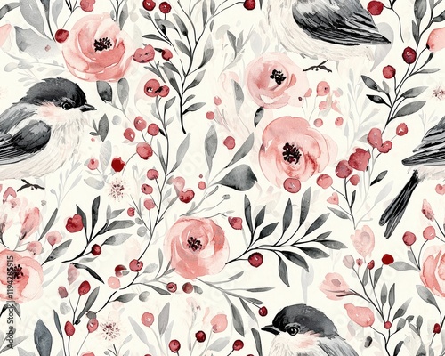 Watercolor Seamless Pattern Delicate Pink Roses Birds and Berries Botanical Design
