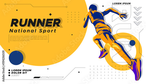 illustration of the silhouette of a sprint athlete. runner athlete with stylized flash of color on white background and geometric ornament. National sports day celebration concept