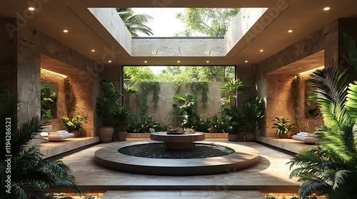 An open-concept nature studio with a central circular table surrounded by potted palms and ferns. The walls are made of natural stone, and a skylight fills the space with bright daylight, photo