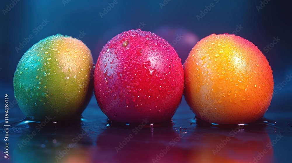 Fresh and Vibrant Close-up of Water Droplets on Colorful Fruits with a Glossy Surface, Ideal for Healthy Eating Concepts and Culinary Inspirations Fresh and Vibrant Close-up of Water Droplets on Colorful Fruits with a Glossy Surface, Ideal for Healthy Eating Concepts and Culinary Inspirations