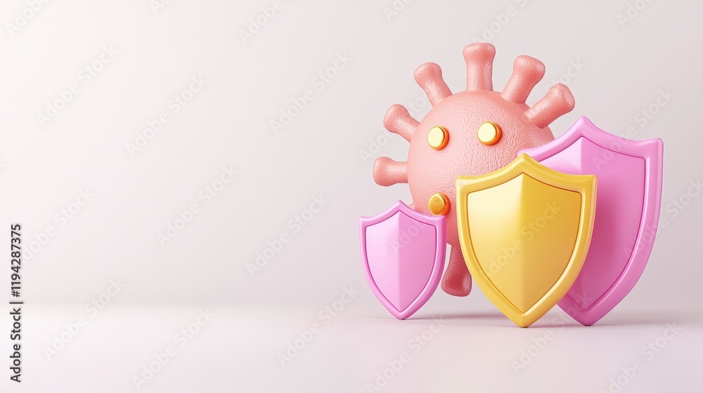 Cartoon representation of a virus with shields illustrating the concept of protection and health safety measures Cartoon representation of a virus with shields illustrating the concept of protection and health safety measures