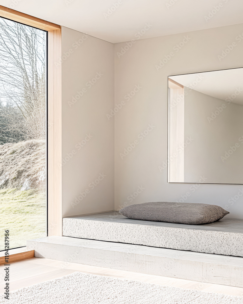 Fototapeta premium Modern minimalist interior with natural light and serene seating area