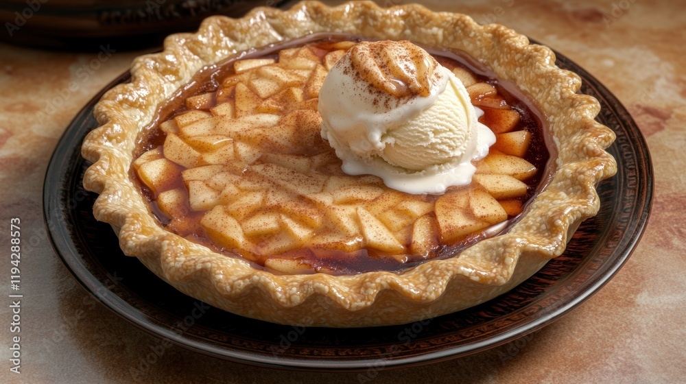 Delicious Apple Pie with Vanilla Ice Cream on a Rustic Wooden Table Setting Delicious Apple Pie with Vanilla Ice Cream on a Rustic Wooden Table Setting