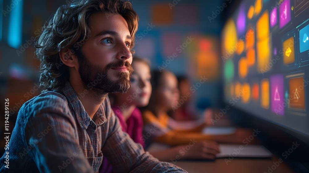 Classroom featuring a teacher working with students while adjusting lessons using AI insights Classroom featuring a teacher working with students while adjusting lessons using AI insights
