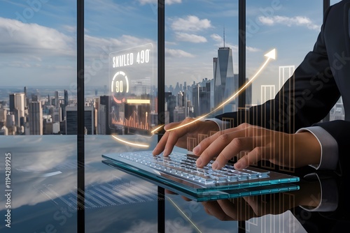 Hyper-realistic artistic concepts showcasing holographic interfaces, dynamic skill enhancement visuals, and futuristic workspaces for self-improvement and innovation