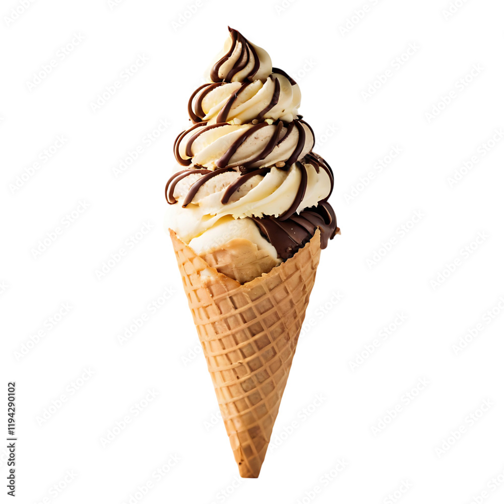 Dual-flavored chocolate and vanilla soft-serve cone in a crispy waffle. Dual-flavored chocolate and vanilla soft-serve cone in a crispy waffle.
