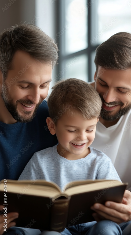 Portrait of happy gay couple reading a book with their son Portrait of happy gay couple reading a book with their son