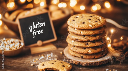 Stack of gluten free chocolate chip cookies with festive lights in background for breakfast