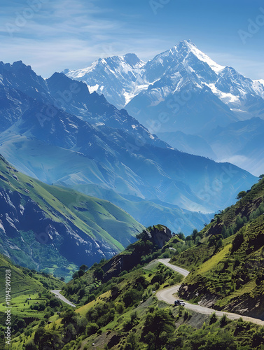 Mountain road winding through green hills and valleys photo