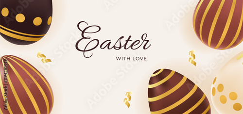 Happy Easter background with realistic chocolate gold eggs. Holiday greeting concept, template, layout. Vector illustration of brown, beige colors