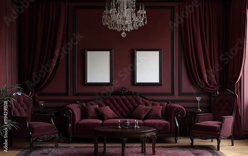 Luxurious crimson living room, vintage furniture, elegant interior design, chandelier, mockup frames, perfect for home d?cor websites photo