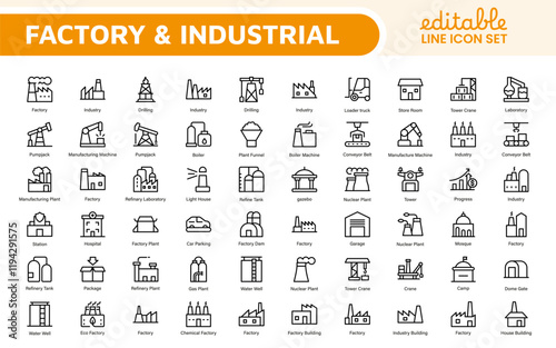 Factory Icon Set. A dynamic collection of icons representing manufacturing and industrial processes, perfect for engineering sectors to convey efficiency and innovation.