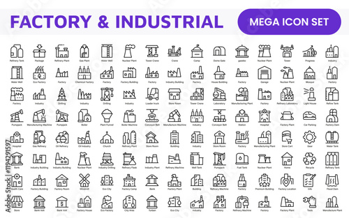 Factory Icon Set. A dynamic collection of icons representing manufacturing and industrial processes, perfect for engineering sectors to convey efficiency and innovation.