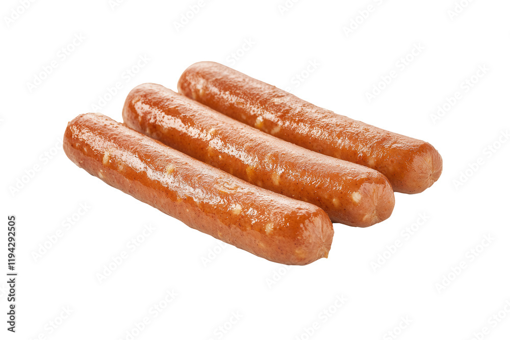 Three sausages, cooked, studio shot, white background, food menu Three sausages, cooked, studio shot, white background, food menu
