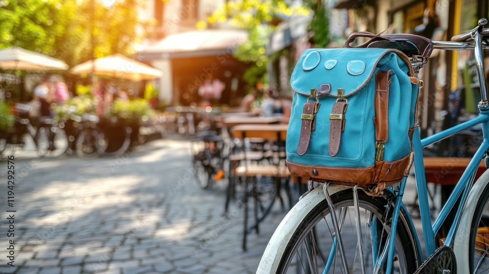Fototapeta premium A bicycle parked at a caf with a stylish backpack hanging from the handlebars.