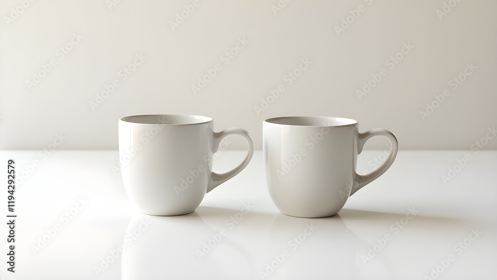 A pair of coffee mugs with matching heart-shaped designs on a plain white table A pair of coffee mugs with matching heart-shaped designs on a plain white table