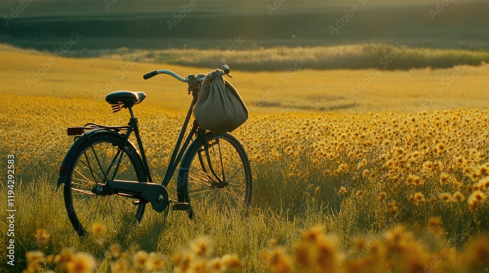 Fototapeta premium A bicycle parked in a sunny meadow with a cloth bag hanging on the handlebars.