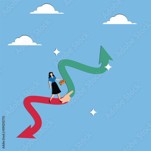 Helping hands, assistance and support in times of trouble, hands on the arrowhead steps to give support and help to the businesswoman moving up the stairs
