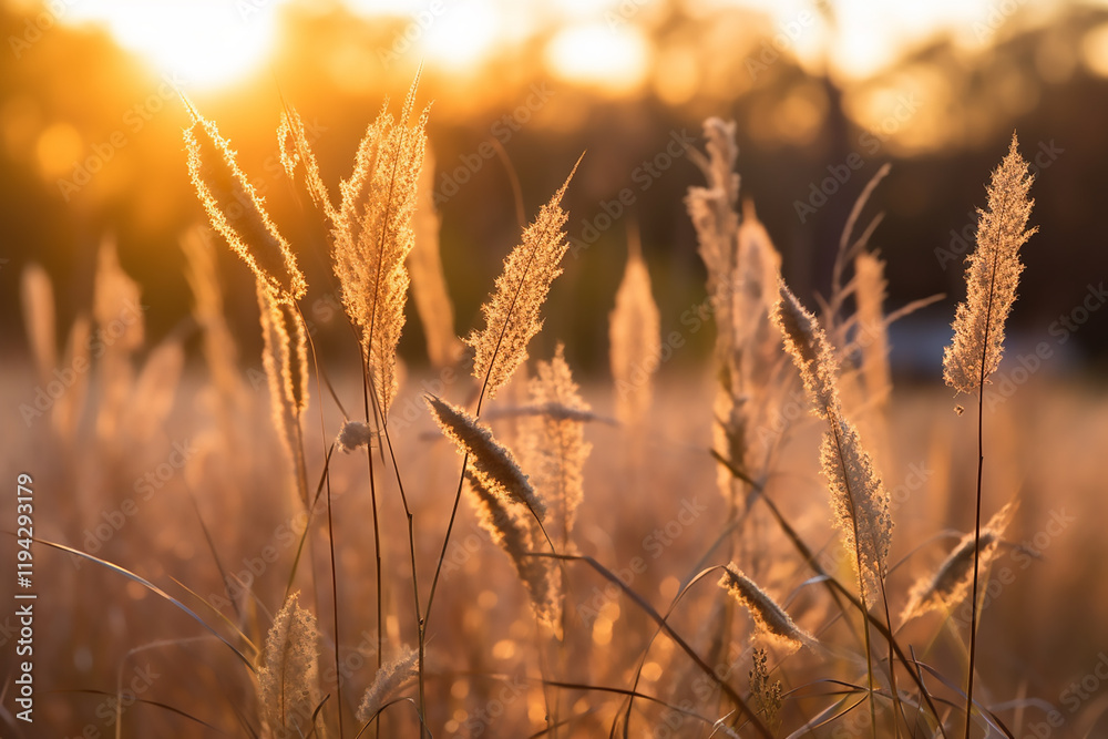 Fototapeta premium Field ripening wheat at sunset. The concept of a rich harvest Wild grass in a forest clearing at sunset
