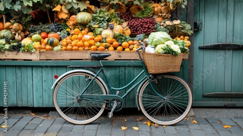 Fototapeta Naklejka Na Ścianę i Meble -  A classic Dutch bicycle with a market bag full of groceries hanging from the front basket.