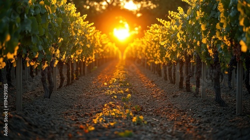 Sunset over rows of grapevines in a vineyard.