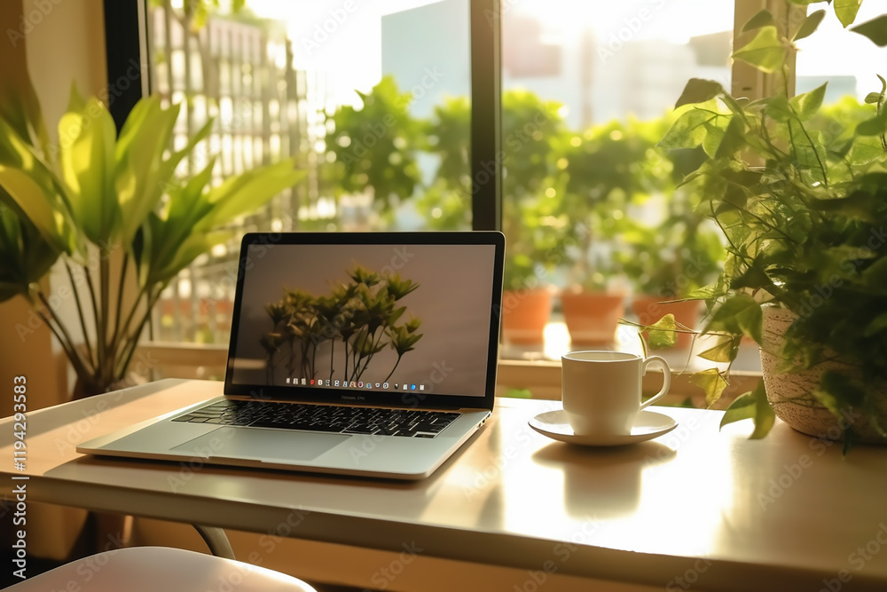 Minimal laptop lying on the table with beautiful nature outside Tablet with its keyboard, ready for input in a cafe setting
Minimal laptop lying on the table with beautiful nature outside Tablet with its keyboard, ready for input in a cafe setting