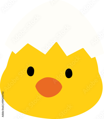 Cute  little  Chick Character flat vector. 
Yellow chick cartoon with cracked eggshell on head isolated.
Chick hatching.
Newborn chick avatar.
Easter themed icon.
Transparent background.