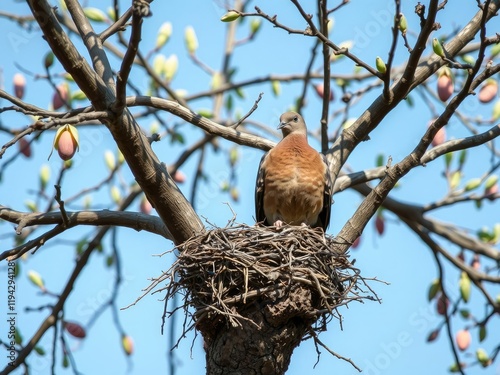 A brown turtledove perches on a nest of twigs and feathers at the base of an almond tree's sprawling branches, avian, bird, twig