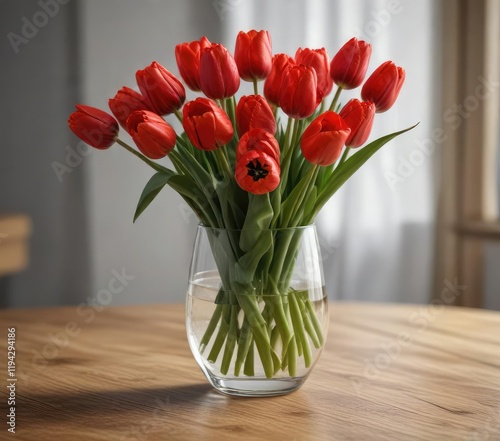 Wallpaper Mural A bunch of red tulips in a clear glass vase on a wooden table, spring decor, garden decor Torontodigital.ca