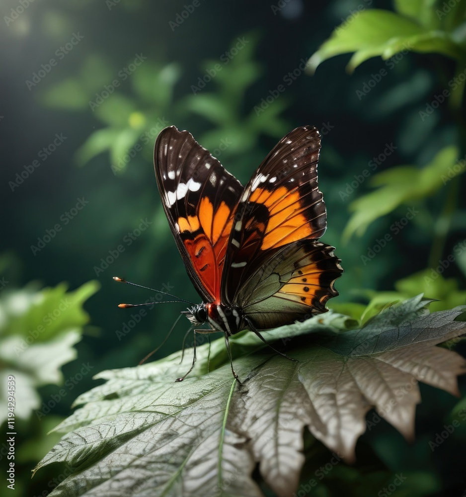A butterfly perched on a dark leaf against a dark green background, black background, plant life A butterfly perched on a dark leaf against a dark green background, black background, plant life